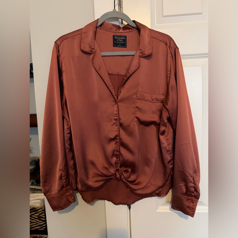 Abercrombie & Fitch Women's Satin Button Down Shirt - Copper